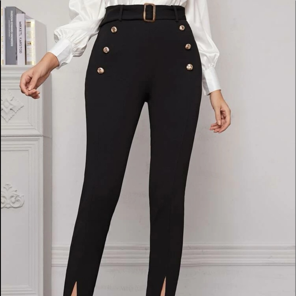 Black Split Hem Pants with belt